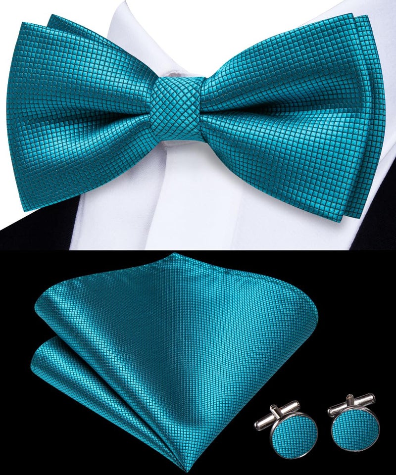 Dubulle Mens Teal Paisley Striped Bowtie Set Pre-tied Bowtie for Men and Pocket Square Set Wedding Business - Image 2